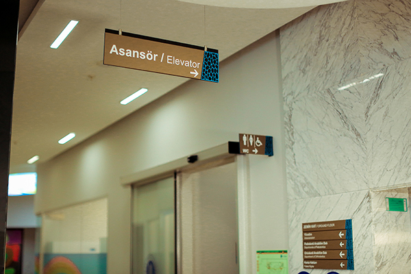 acrylic suspended directional sign	